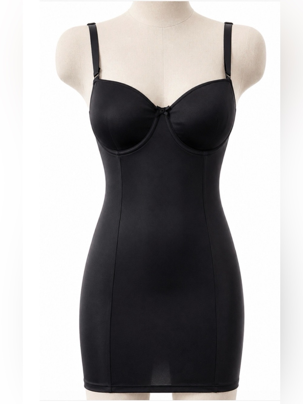 FREDERICK'S OF HOLLYWOOD BLACK SATIN SLIP SHAPER PUSH UP BRA STRAPLESS DRESS 34B